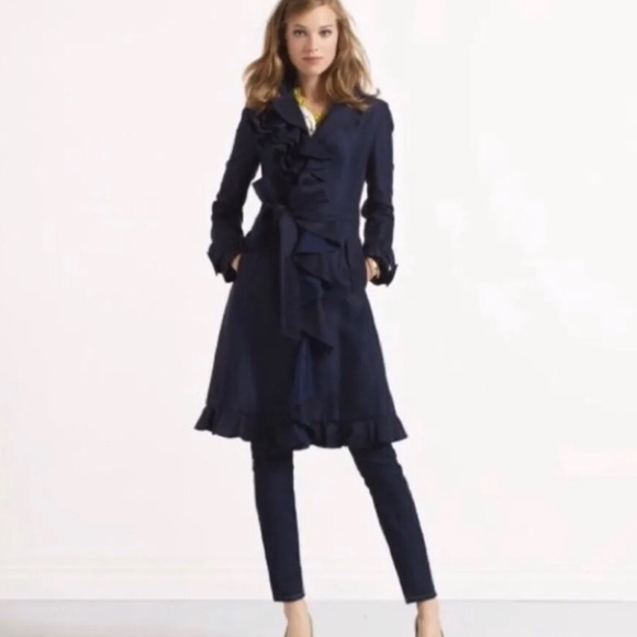 Kate Spade Navy Blue Belted Ruffle Trench Coat Size 2